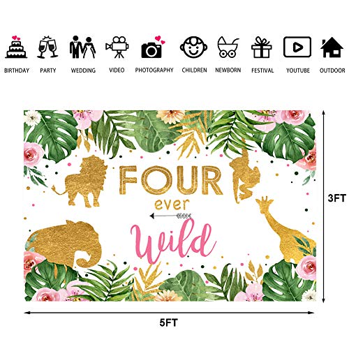 Lofaris Girl Four Ever Wild Backdrop Safari Animals 4th Birthday Background Jungle Floral Little Princess Birthday Party Decorations Cake Table Banner 5x3ft - Image 4