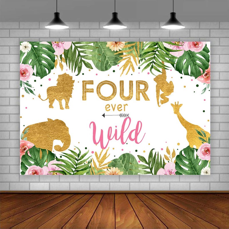 Lofaris Girl Four Ever Wild Backdrop Safari Animals 4th Birthday Background Jungle Floral Little Princess Birthday Party Decorations Cake Table Banner 5x3ft - Image 5