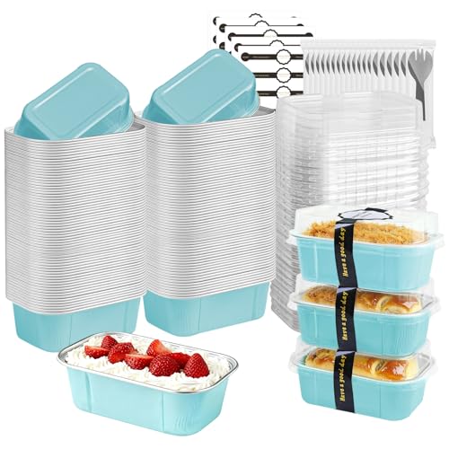 OBXMLFY Mini Loaf Pans With Lids And Spoons 50 Pack55 Oz Rectangle Mini Individual Cake Tins Disposable Small Aluminum Foil Baking Pans50 Wathet - Image 1