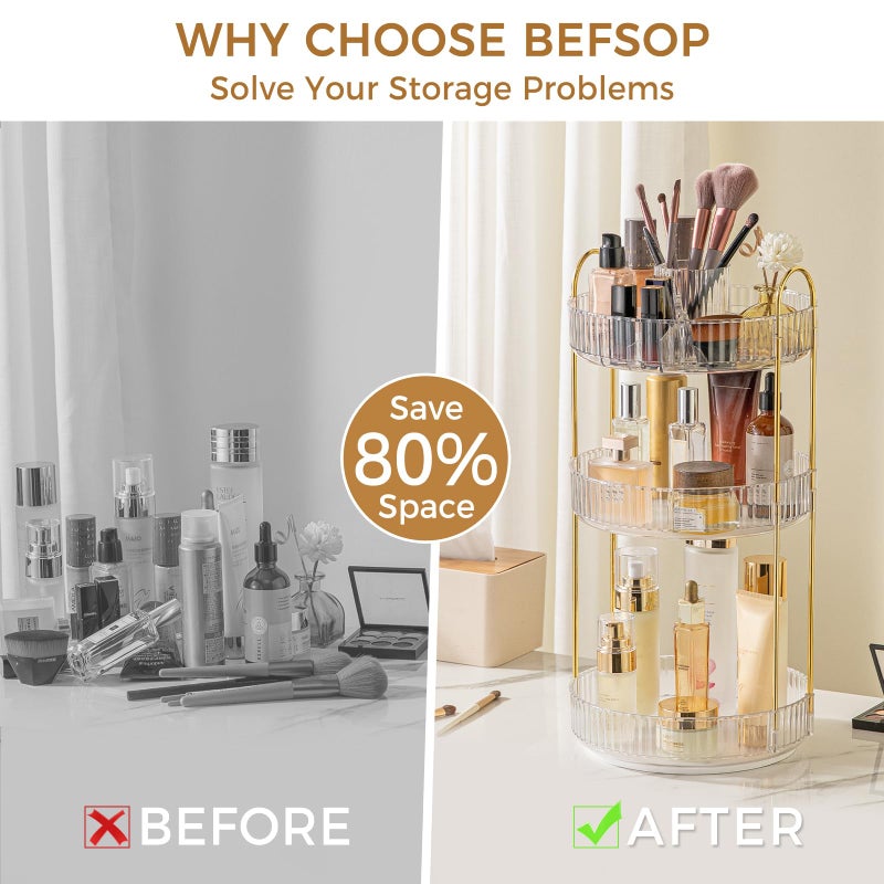 BEFSOP 360Â° Rotating Makeup Organizer, Upgraded 3 Tier Skincare Perfume Organizers for Women, Bathroom Organizer Countertop, Clear Cosmetic Dresser Organizer with Makeup Brush Holder, Sink&Counte (Clear) - Image 3