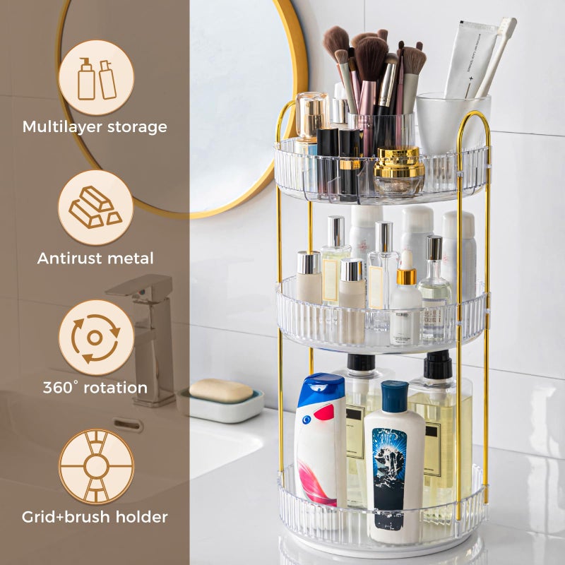 BEFSOP 360Â° Rotating Makeup Organizer, Upgraded 3 Tier Skincare Perfume Organizers for Women, Bathroom Organizer Countertop, Clear Cosmetic Dresser Organizer with Makeup Brush Holder, Sink&Counte (Clear) - Image 5