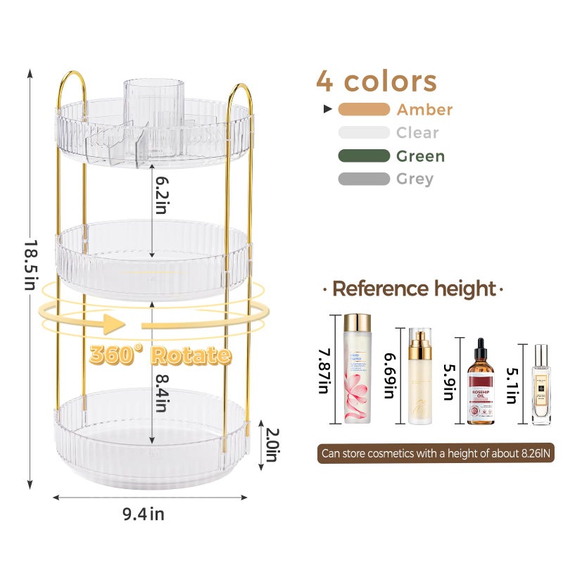BEFSOP 360Â° Rotating Makeup Organizer, Upgraded 3 Tier Skincare Perfume Organizers for Women, Bathroom Organizer Countertop, Clear Cosmetic Dresser Organizer with Makeup Brush Holder, Sink&Counte (Clear) - Image 2