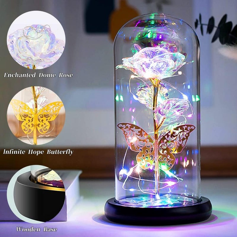 DHYANEXA Gifts for Women Galaxy Glass Rose Flowers Birthday Gifts Forever Eternal Crystal Light Up Rose in Glass Dome with Butterfly Presents for Her Mom Sister Wife Girlfriend - Image 2