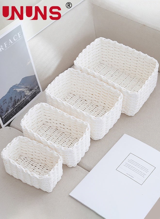UNUNS 4pcs Woven Storage Basket,Rattan Storage Basket,Handmade Woven Storage Basket,Natural Woven Basket,Hand Woven Baskets Set for Office Cosmetic Desk Drawer Food,White - Image 1