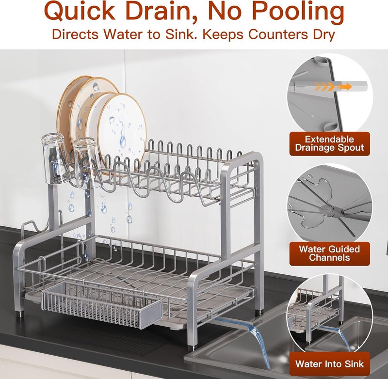 BOOSINY 2 Tier Dish Drainer Drying Rack for Kitchen Counter, Large Stainless Steel Dish Dryer with Drainboard, Big Rustproof Metal Space Saving Countertop Plate Strainer with Utensil Holder, Sliver - Image 2