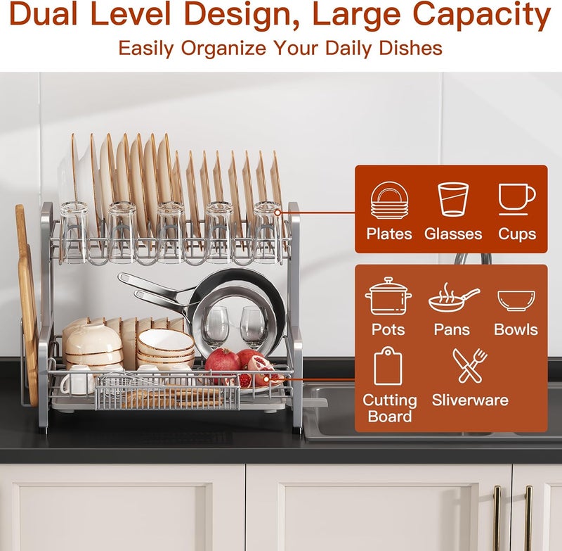 BOOSINY 2 Tier Dish Drainer Drying Rack for Kitchen Counter, Large Stainless Steel Dish Dryer with Drainboard, Big Rustproof Metal Space Saving Countertop Plate Strainer with Utensil Holder, Sliver - Image 3