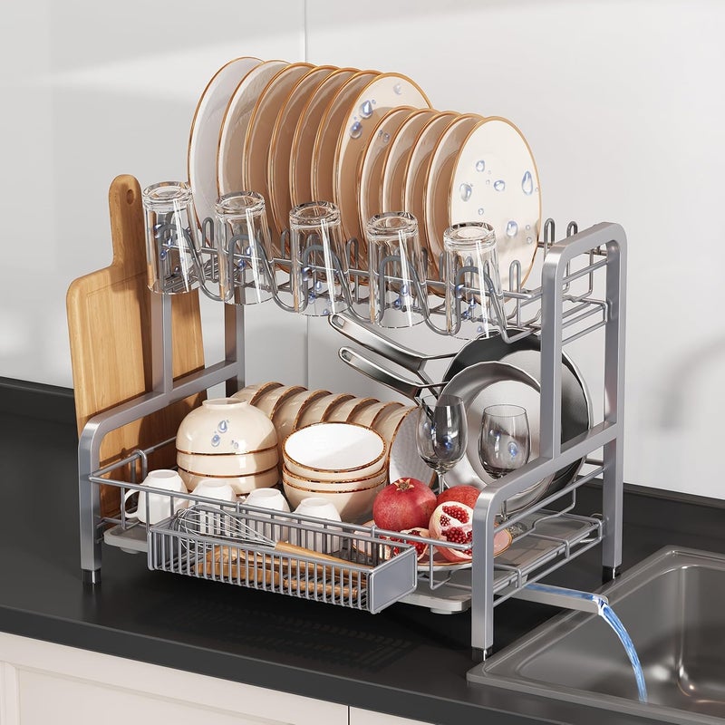 BOOSINY 2 Tier Dish Drainer Drying Rack for Kitchen Counter, Large Stainless Steel Dish Dryer with Drainboard, Big Rustproof Metal Space Saving Countertop Plate Strainer with Utensil Holder, Sliver - Image 1
