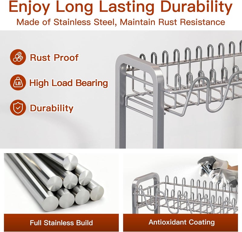 BOOSINY 2 Tier Dish Drainer Drying Rack for Kitchen Counter, Large Stainless Steel Dish Dryer with Drainboard, Big Rustproof Metal Space Saving Countertop Plate Strainer with Utensil Holder, Sliver - Image 4