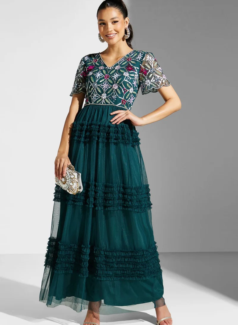 Frock and Frill V-Neck Floral Mesh Detail  Dress