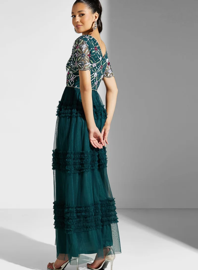 Frock and Frill V-Neck Floral Mesh Detail  Dress