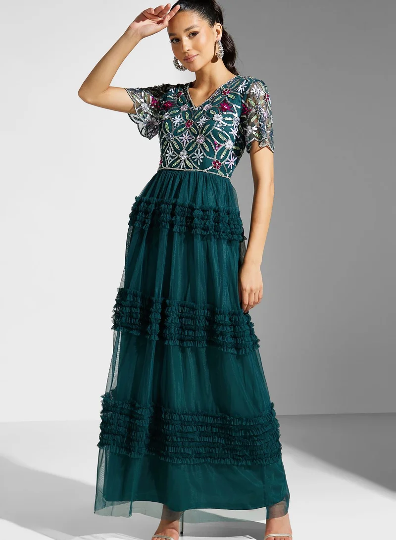Frock and Frill V-Neck Floral Mesh Detail  Dress