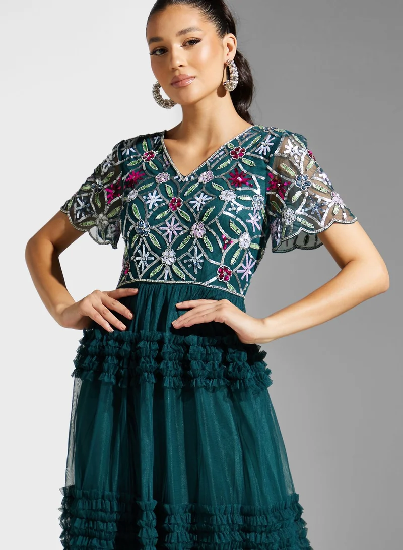 Frock and Frill V-Neck Floral Mesh Detail  Dress
