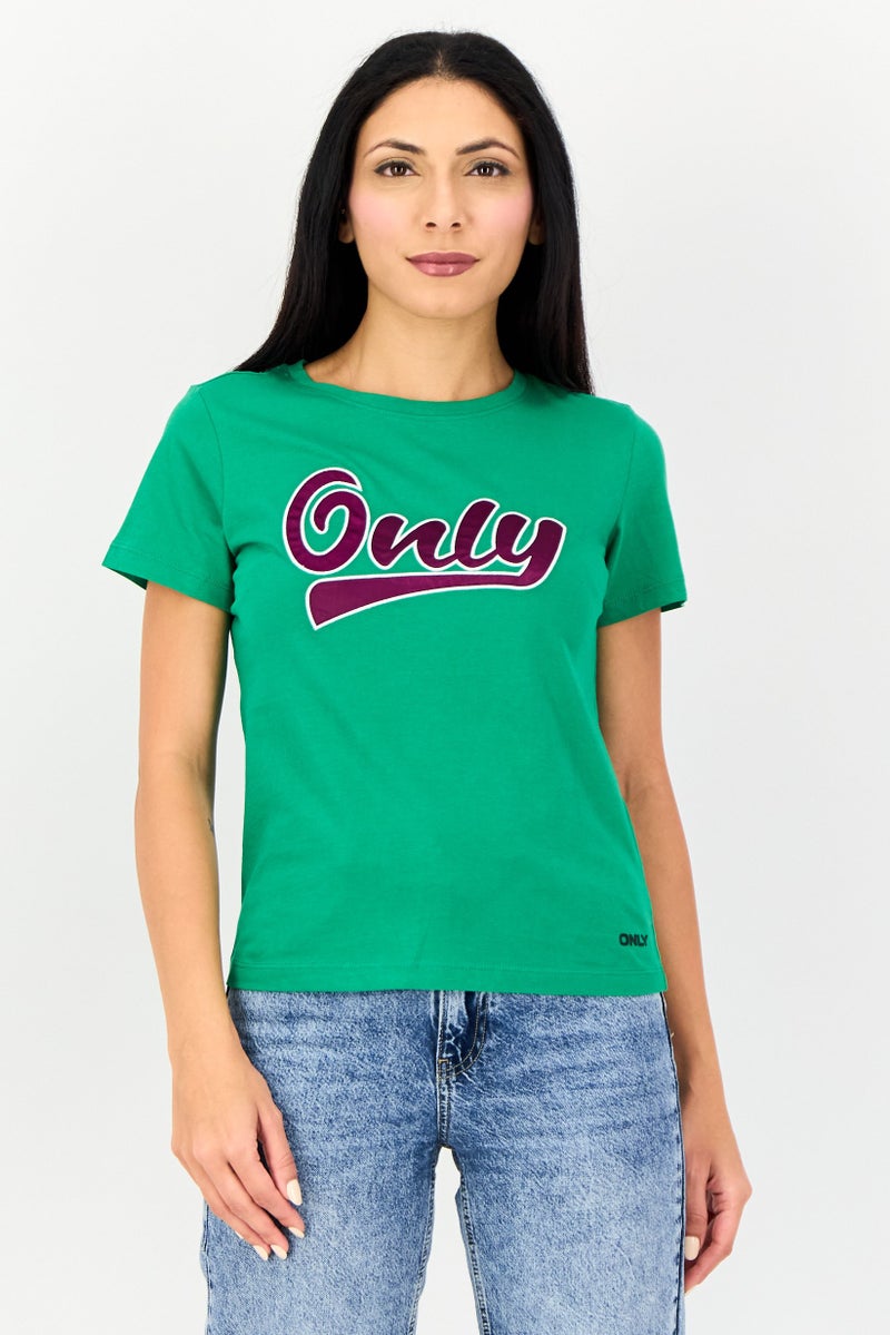 ONLY Women Crew Neck Short Sleeve Graphic T Shirt, Green - Image 1