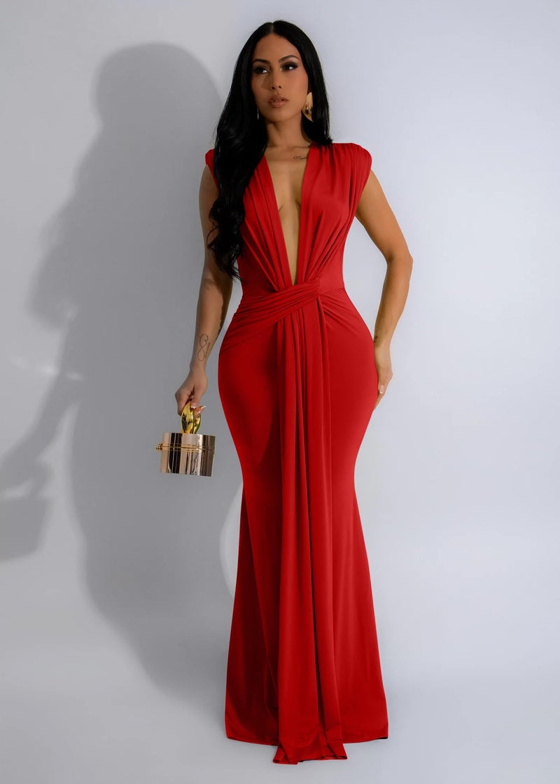 Memoriesea Women's Elegant Sleeveless Deep V Neck Bodycon Party Evening Gown Maxi Dress Red - Image 2