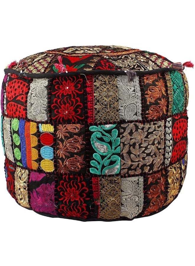 Aakriti Gallery Indian Pouf Footstool Ethnic Embroidered Pouf Cover, Indian Cotton Round Pouffe Ottoman Pouf Cover Pillow Ethnic Decor Art - Cover Only (Black, 22X14) - Image 1