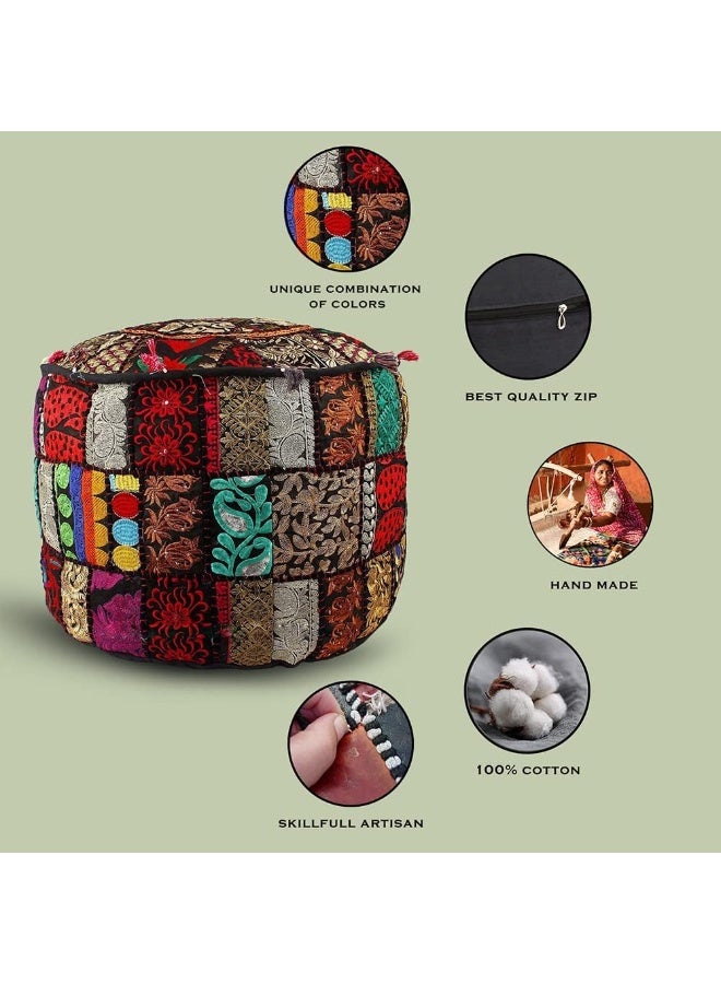 Aakriti Gallery Indian Pouf Footstool Ethnic Embroidered Pouf Cover, Indian Cotton Round Pouffe Ottoman Pouf Cover Pillow Ethnic Decor Art - Cover Only (Black, 22X14) - Image 4