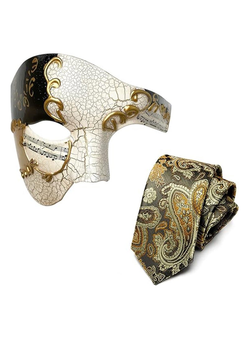 Mens Masquerade Mask Phantom of The Opera Mask and Silk Necktie Set Venetian Half Face Ball Mask for Costume Parties - Image 1