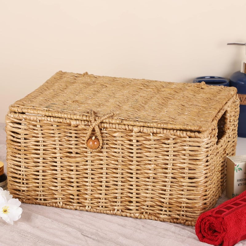 AKWAY Wicker Water Hyacinth Kauna grass Seagrass Storage Basket with Lids Rectangular Handwoven Wicker Organizer Baskets Desktop Storage Box Rattan Container Desk Basket Bins for Bathroom Office - Image 1