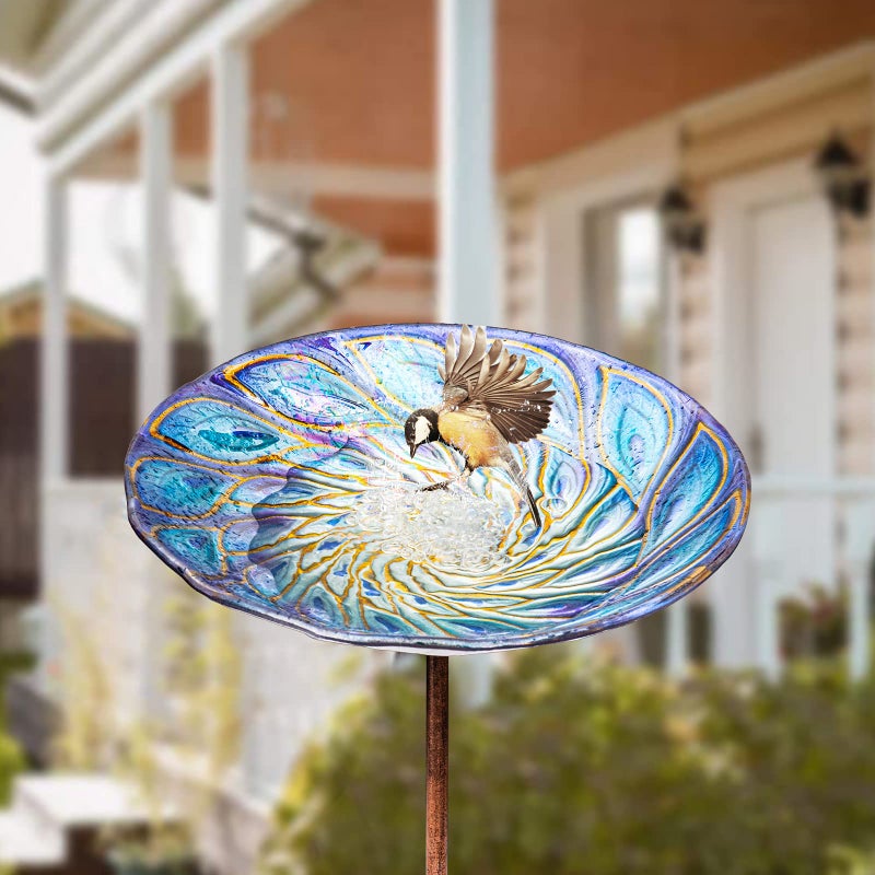 VCUTEKA Glass Bird Bath Outdoor BirdBath Garden Bird Feeder with Metal Stake - Image 2