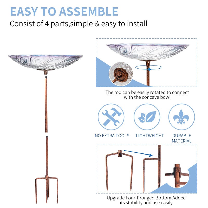 VCUTEKA Glass Bird Bath Outdoor BirdBath Garden Bird Feeder with Metal Stake - Image 5