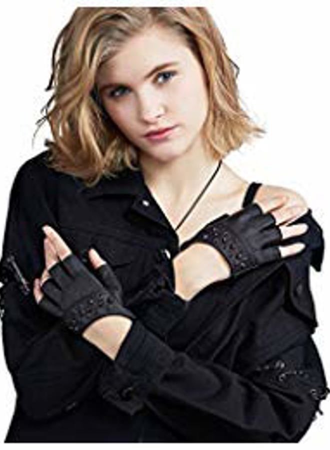 Womens Fingerless Leather Gloves for Driving Sheepskin Half Finger Punk Gloves Unlined W180413, Black, L
