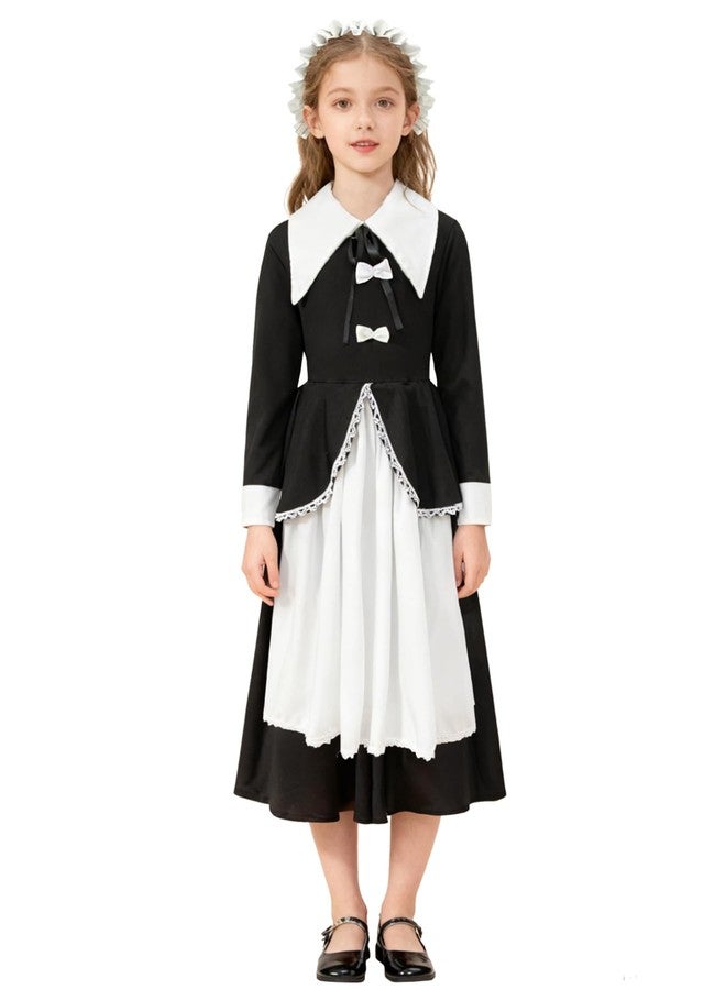 Okbebe Pilgrim Outfit for Girls Thanksgiving Kids Girls Colonial Pioneer Dress (Black 9-10T) - Image 1