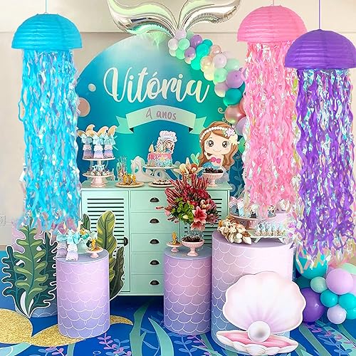 MEIDUO 6 Packs Jellyfish Paper Lanterns Hanging Mermaid Wishes Lantern Ocean Theme Party Supplies Great for Kids Birthday Decors, Baby Shower Baby Room (Half Round Pink Blue Purple) - Image 4