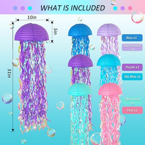 MEIDUO 6 Packs Jellyfish Paper Lanterns Hanging Mermaid Wishes Lantern Ocean Theme Party Supplies Great for Kids Birthday Decors, Baby Shower Baby Room (Half Round Pink Blue Purple) - Image 2