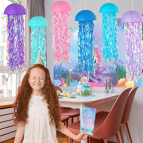 MEIDUO 6 Packs Jellyfish Paper Lanterns Hanging Mermaid Wishes Lantern Ocean Theme Party Supplies Great for Kids Birthday Decors, Baby Shower Baby Room (Half Round Pink Blue Purple) - Image 5