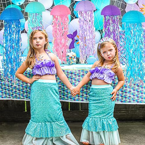 MEIDUO 6 Packs Jellyfish Paper Lanterns Hanging Mermaid Wishes Lantern Ocean Theme Party Supplies Great for Kids Birthday Decors, Baby Shower Baby Room (Half Round Pink Blue Purple) - Image 3