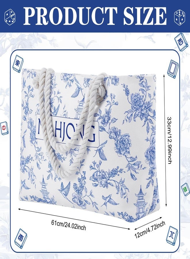 Sunnymove Empty Mahjong Tote Bag Mahjong Canvas Bag 24.0 x 13.0 x 4.7 Inch Chinoiserie Empty Canvas Tote with Handle Thickened Blue Printed Case for Game Player Lover Gift Daily Storage Carry(Elegant) - Image 2