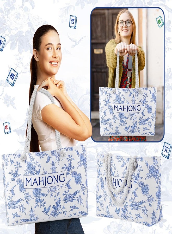 Sunnymove Empty Mahjong Tote Bag Mahjong Canvas Bag 24.0 x 13.0 x 4.7 Inch Chinoiserie Empty Canvas Tote with Handle Thickened Blue Printed Case for Game Player Lover Gift Daily Storage Carry(Elegant) - Image 5