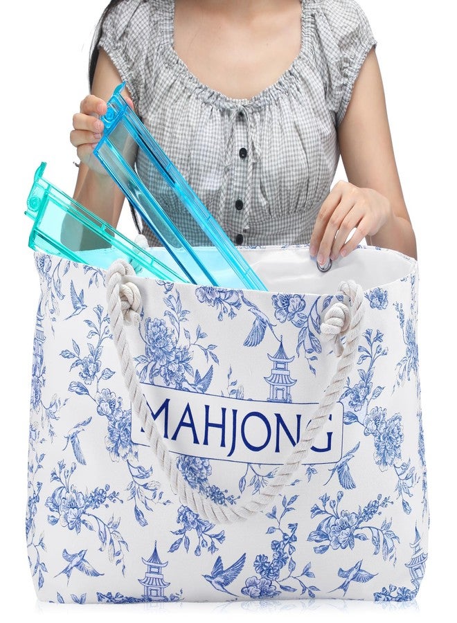 Sunnymove Empty Mahjong Tote Bag Mahjong Canvas Bag 24.0 x 13.0 x 4.7 Inch Chinoiserie Empty Canvas Tote with Handle Thickened Blue Printed Case for Game Player Lover Gift Daily Storage Carry(Elegant) - Image 4
