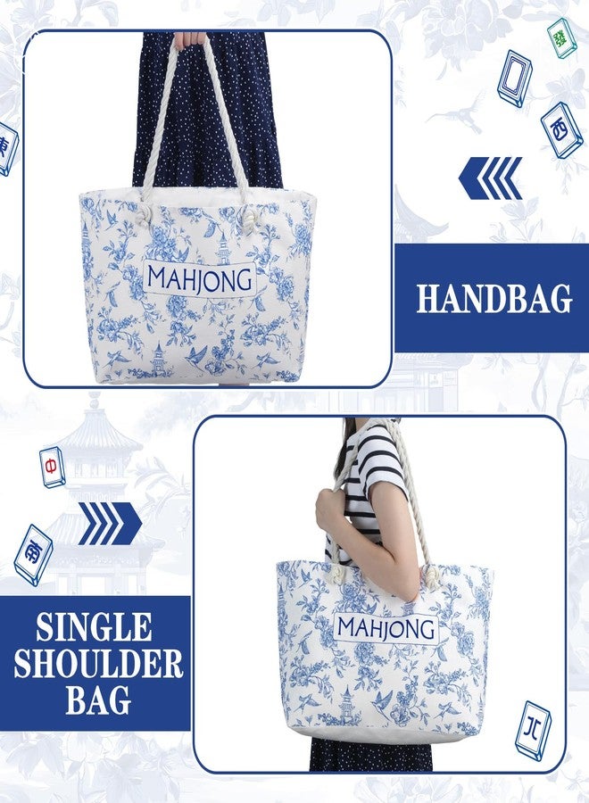 Sunnymove Empty Mahjong Tote Bag Mahjong Canvas Bag 24.0 x 13.0 x 4.7 Inch Chinoiserie Empty Canvas Tote with Handle Thickened Blue Printed Case for Game Player Lover Gift Daily Storage Carry(Elegant) - Image 3
