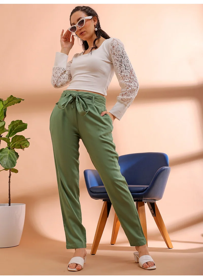 مرفوعة Hedge Green Women Tapered Casual Solid Regular Tapered Pants