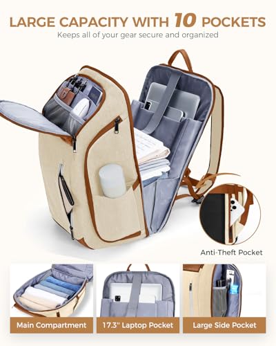 Ponhog 17 Inch Laptop Backpack for Men, Business Travel Anti-Theft Backpack with USB Charging Port, Water Resistant Computer Bag Carry On Flight Approved for Work College Weekender, Beige - Image 2