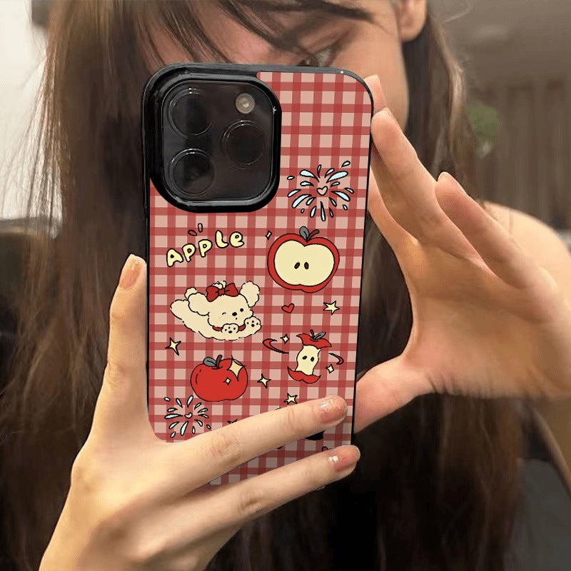 Apple iPhone 13 Pro phone case with red plaid cartoon puppy design, fun and shockproof soft case. - Image 2