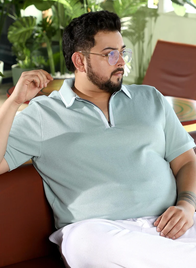 Men Micro-Waffle Polo T-Shirt | Tipping Polo Neck, Short Ribbed-Cuff Sleeves | Half-Zip Closure, Straight Hem | Solid Textured Knit Fabric For Plus Size Casual & Daily Wear | Mint Green