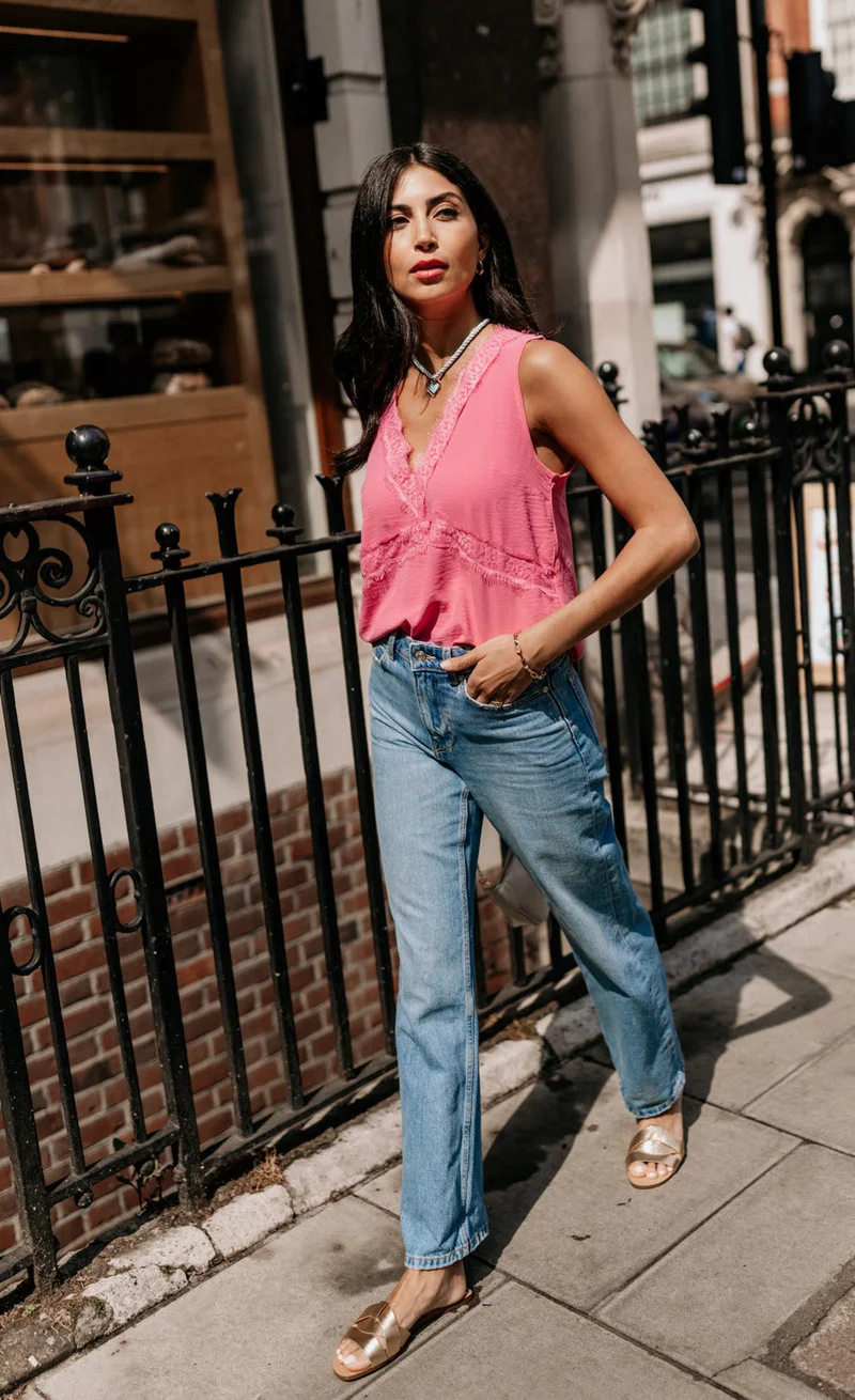 Pink Satin Lace Trim Top