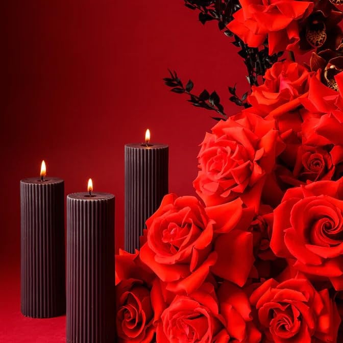 atorakushon Soy Wax Set of 3 Black Long Ribbed Pillar Candles Aroma Scented 2''x5''Inches Candle Valentine Gift Home Party Decoration Wedding Spa X-Mass - Image 3