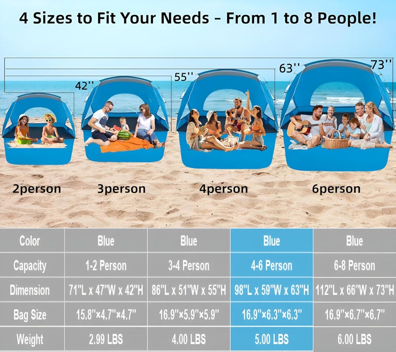 Etto Beach Tent, Portable Sun Shelter for 2/3/4/6-8 Person with UPF 50+ UV Protection, Easy Setup Waterproof Beach Shade Canopy Cabana for Family Outdoor and Picnics, Fishing with Carrying Bag - Image 3