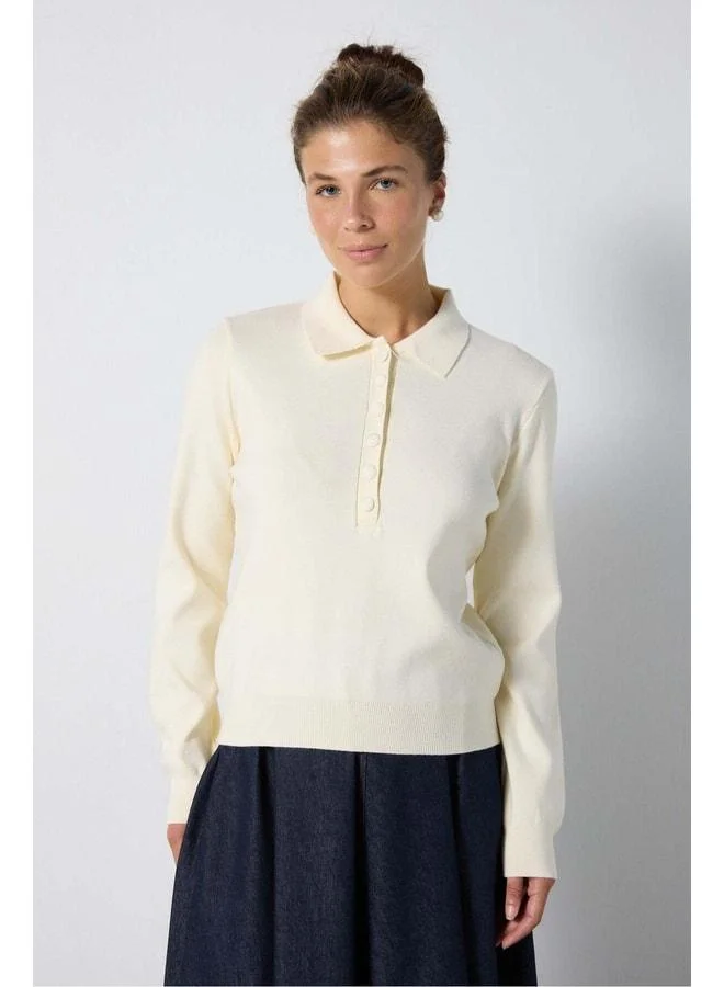 mina aise Women's Beige Premium Soft Polo Collar Knit Sweater 7064.