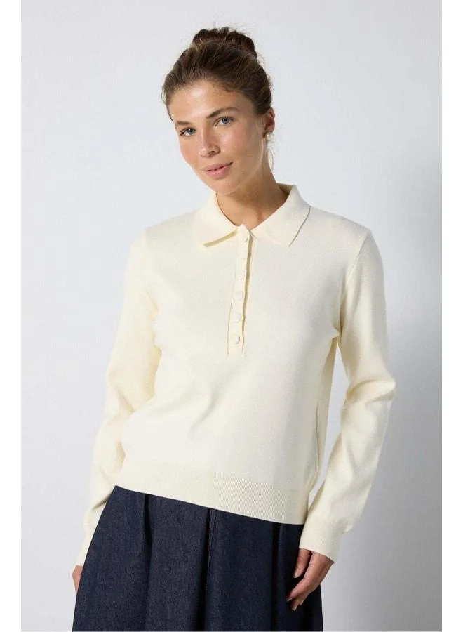 mina aise Women's Beige Premium Soft Polo Collar Knit Sweater 7064.