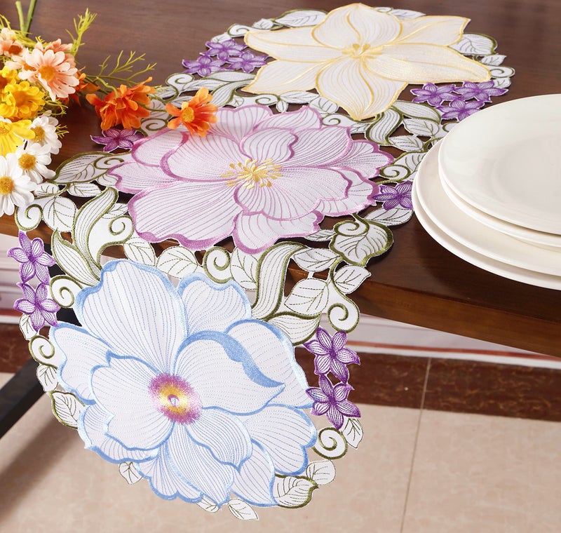 Flowery Table Runner 1334 Cutwork Embroidered Floral Flower Dresser Scarf for Home Kitchen Dining Tabletop Decoration Runner 1334 Flower2