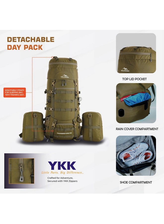 تراوك حقيبة ظهر TRAWOC THUNDERSTORM بسعة 90 لترًا بإطار داخلي للرجال والنساء، حقيبة ظهر للسفر مع حقيبة ظهر قابلة للفصل/حقيبة تخييم وتنزه سيرًا على الأقدام BHK008Max باللون الأخضر الزيتوني - Image 4