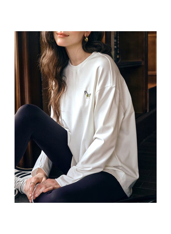 Olrain Eurier Casual Versatile Women's Top Autumn New Loose Mid-length Brushed Long Sleeve T-shirt Off-white L
