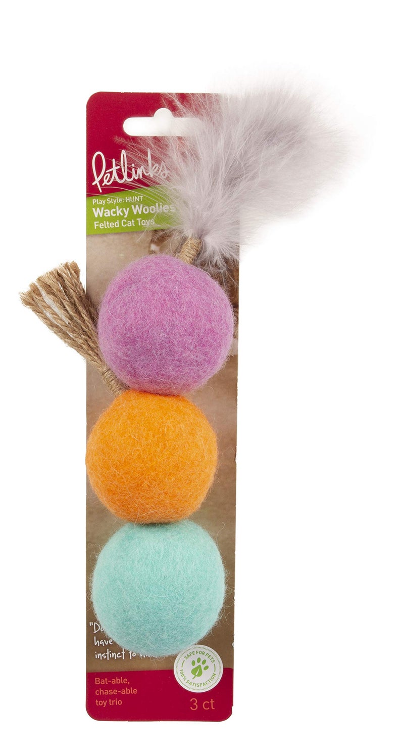 Petlinks (3 Count) Wacky Woolies Felt Ball Cat Toys - Pink/Orange/Blue, 3 Count - Image 2