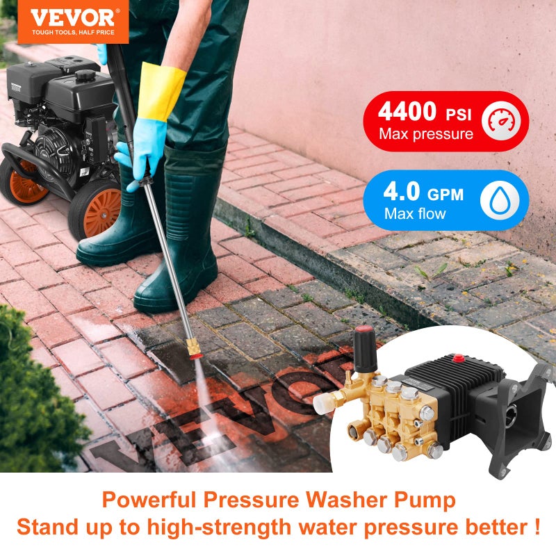 VEVOR Pressure Washer Pump, 4400 PSI, 4.0 GPM, 1" Shaft Horizontal Triplex Plunger, Replacement Power Washer Pumps Kit, Parts Washer Pump, Compatible with Simpson, Honda, Homelite, Troybilt etc. - Image 2