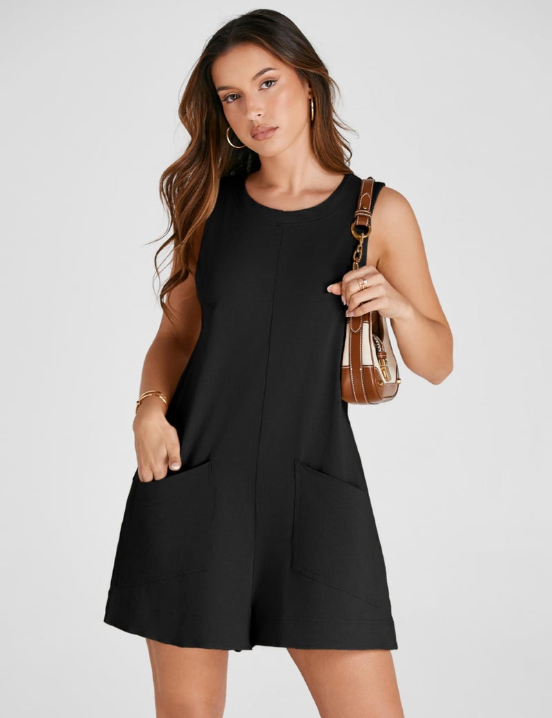 Yeokou Women's Casual Rompers Stretchy Onesie Summer Sleeveless Shorts Jumpsuits with Pockets(Black-M) - Image 3
