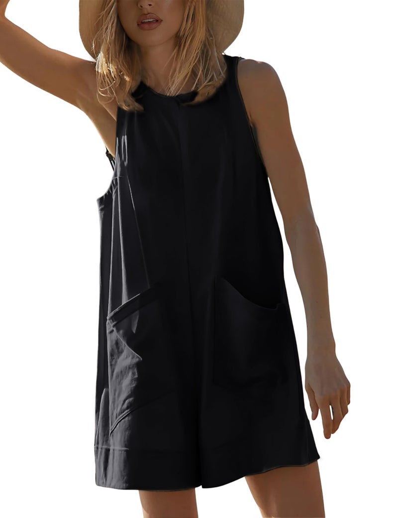Yeokou Women's Casual Rompers Stretchy Onesie Summer Sleeveless Shorts Jumpsuits with Pockets(Black-M) - Image 1